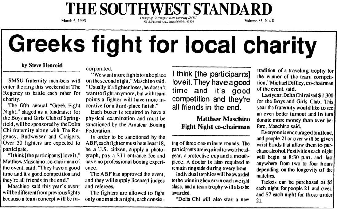 The Southwest Standard article on Greek Fight Night fundraiser March 6, 1993